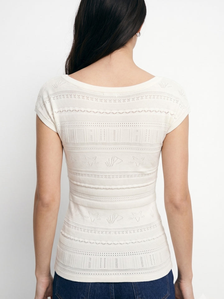 Off White Round Neck Crochet Styled Top