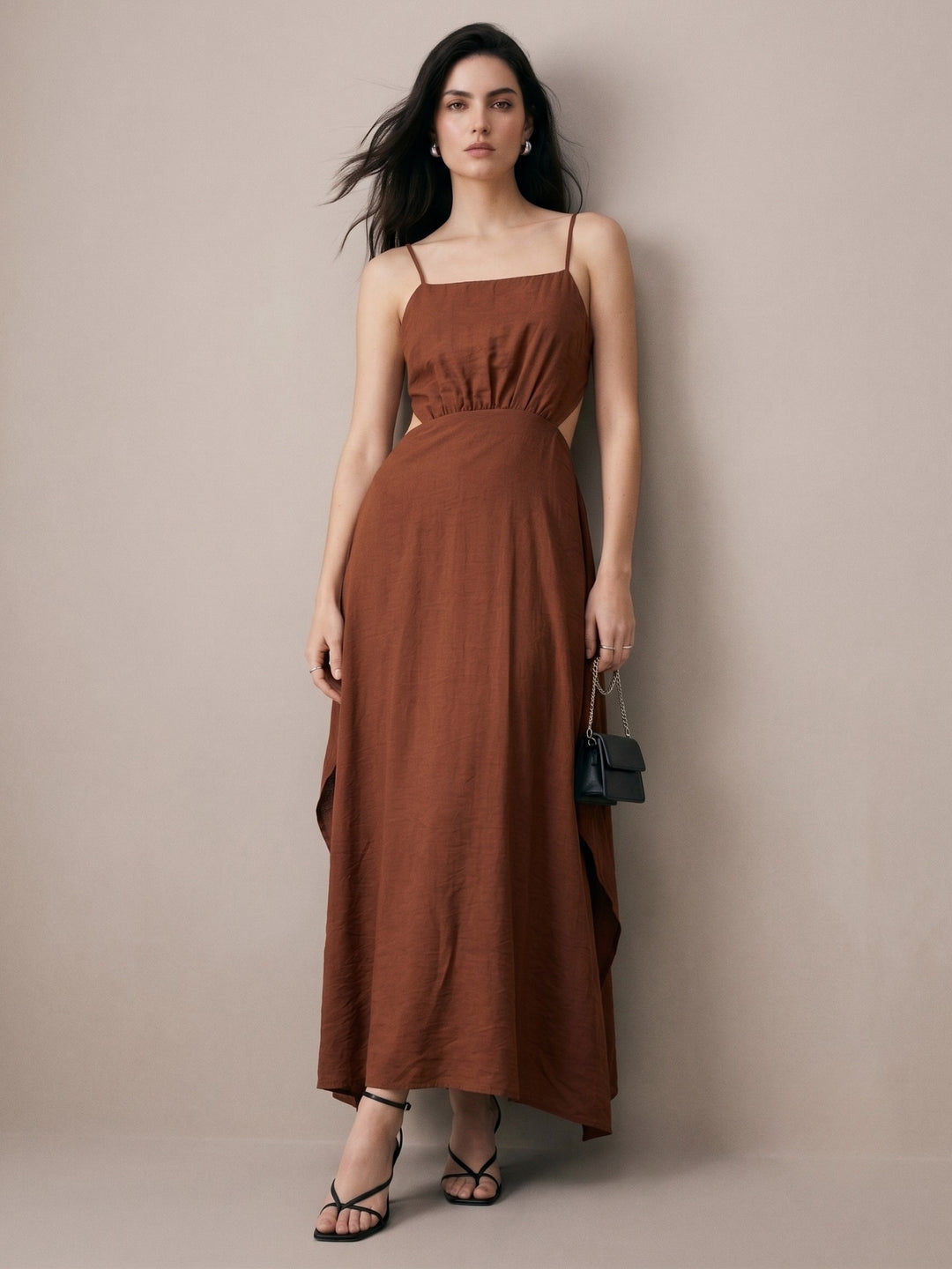 Brown Strappy Dress With Below Waist Tie Up Detail