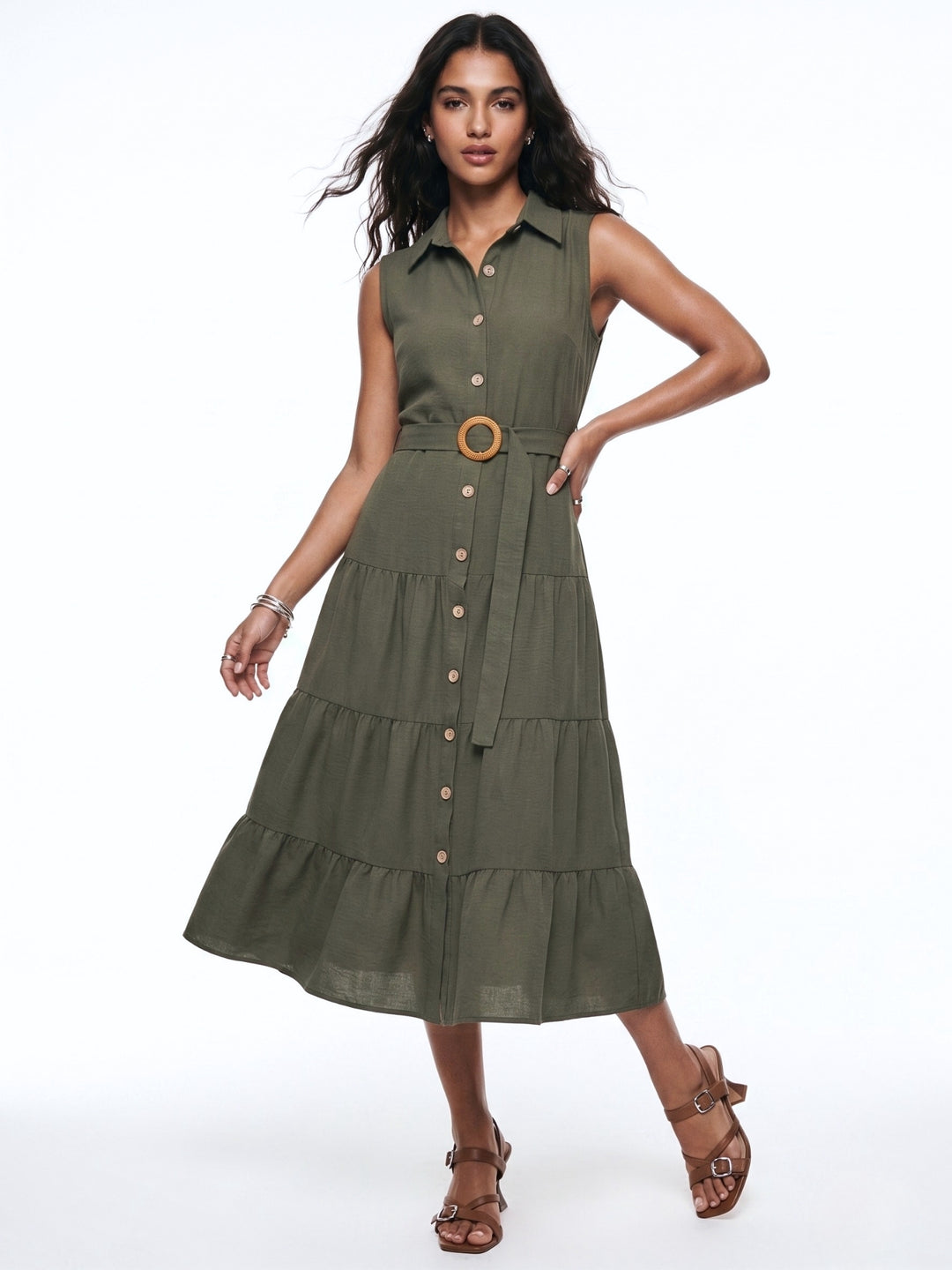Olive Waist Belted Tiered Dress