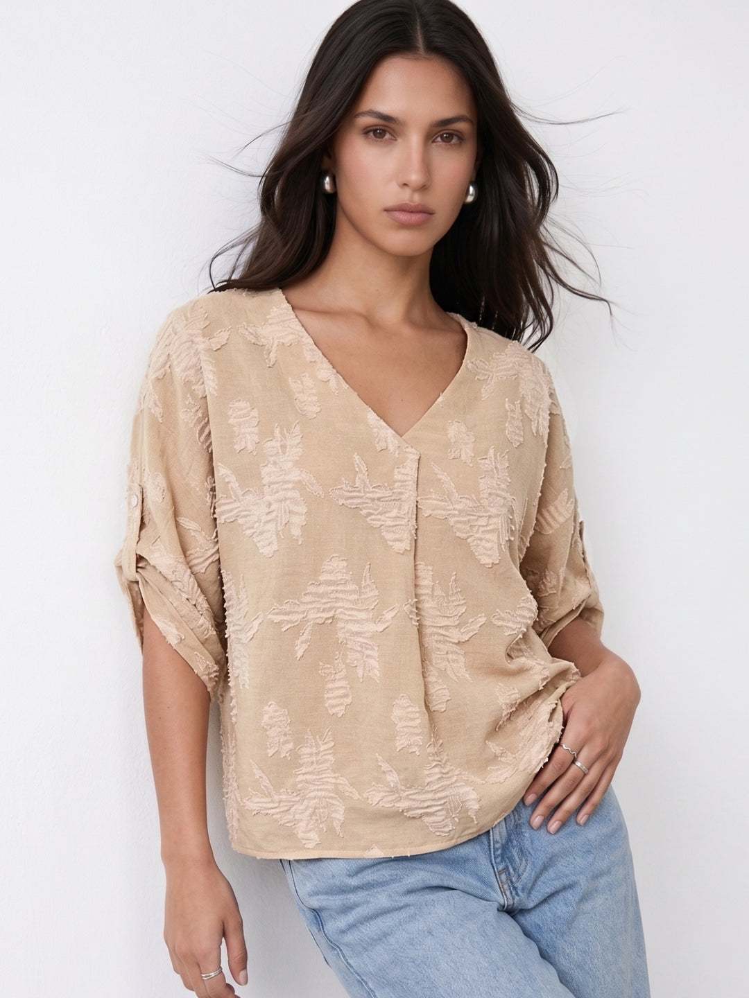 Beige V Neck Textured Top