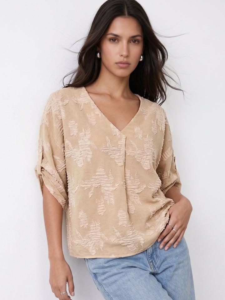Beige V Neck Textured Top