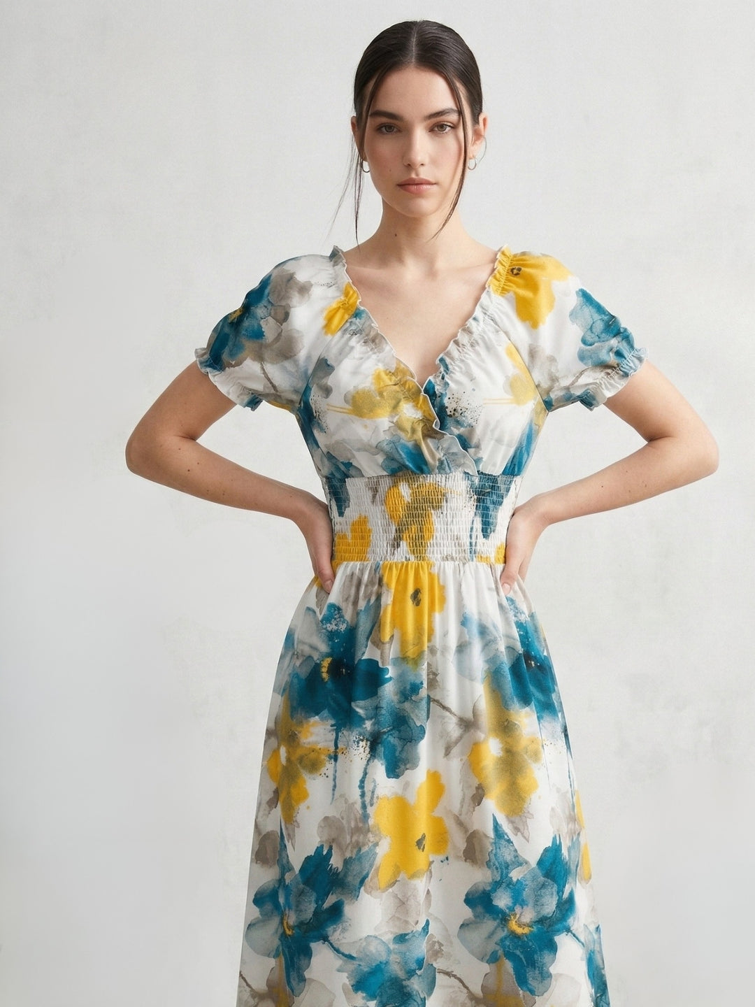 Multi Short Sleeve Waist Fitted Floral Dress
