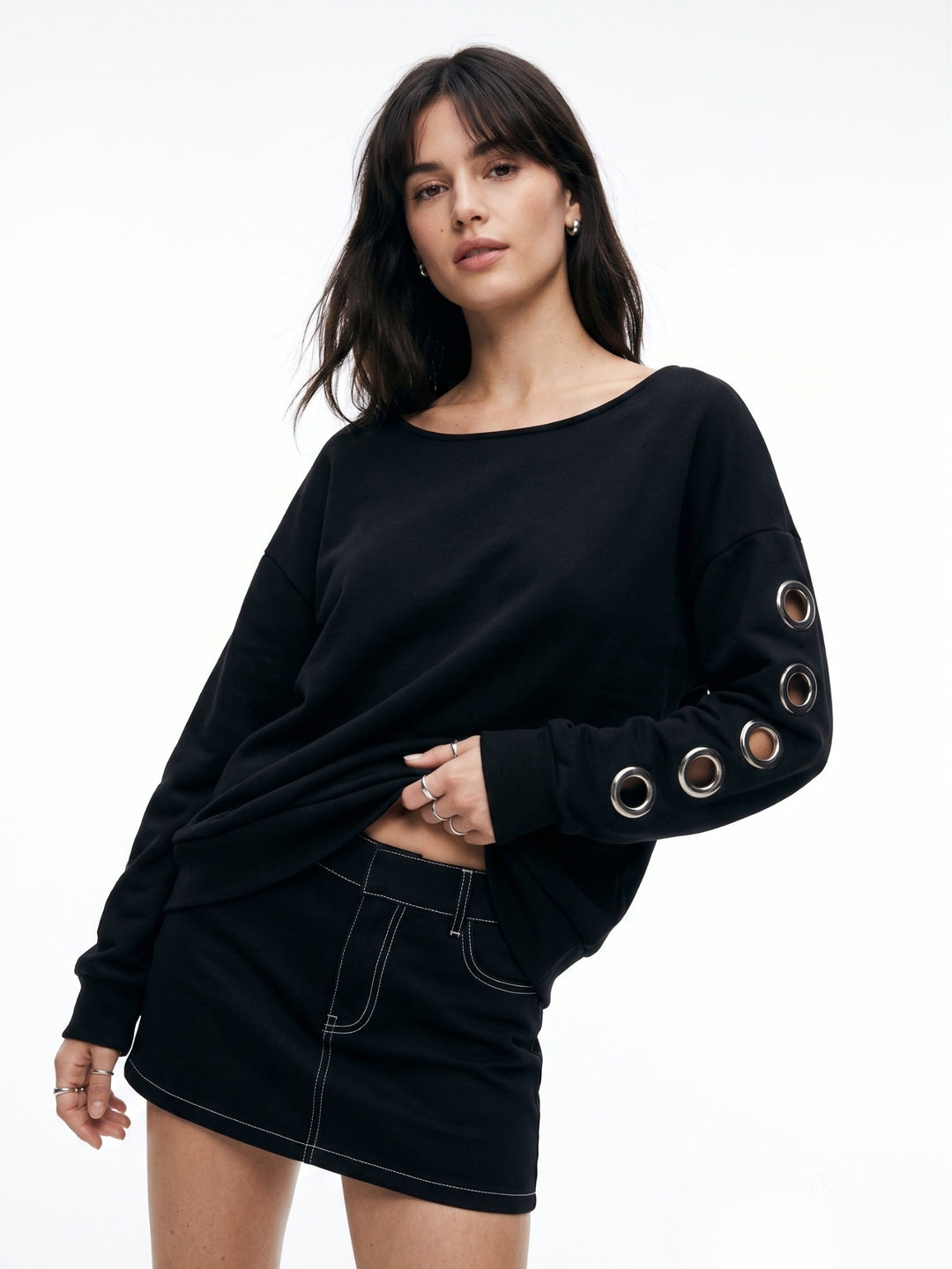 Black Sweatshirt With Metal Eyelets On The Sleeves