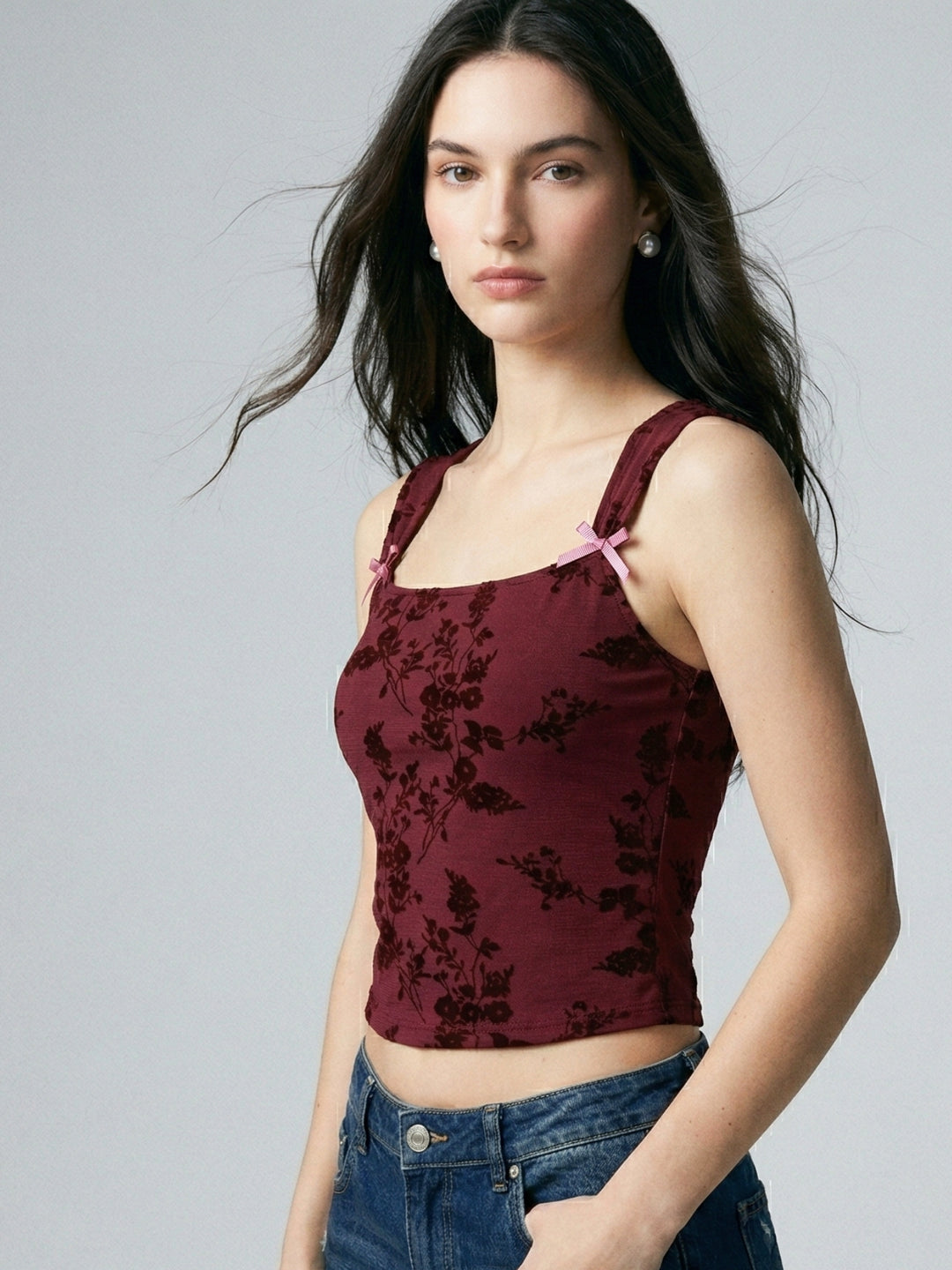 Burgundy Textured Camisole With Bow Details On The Straps