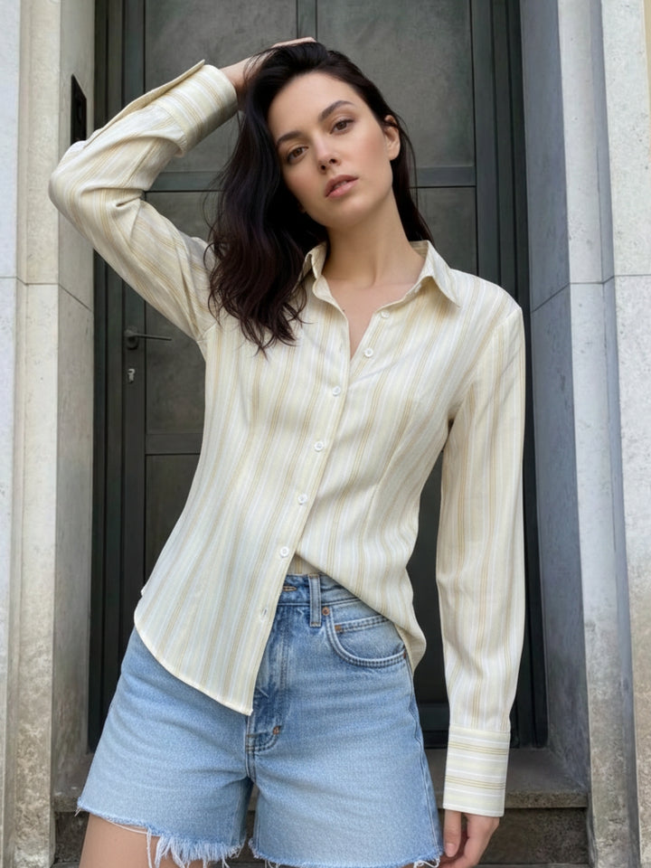 Yellow Full Sleeve Fitted Striped Shirt