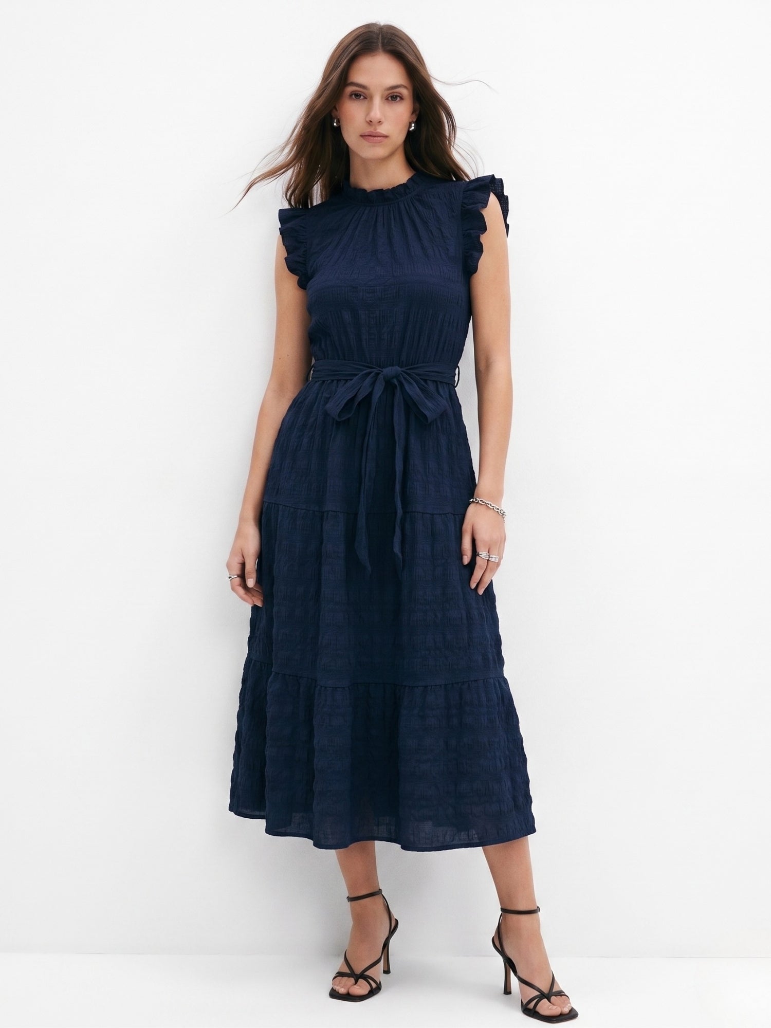 Navy Blue Short Ruffle Sleeve Mock Neck Dress