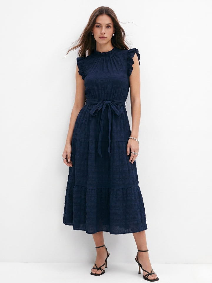 Navy Blue Short Ruffle Sleeve Mock Neck Dress