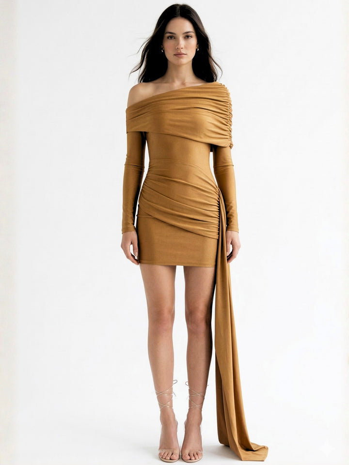 Brown One Shoulder Waist Detail Dress