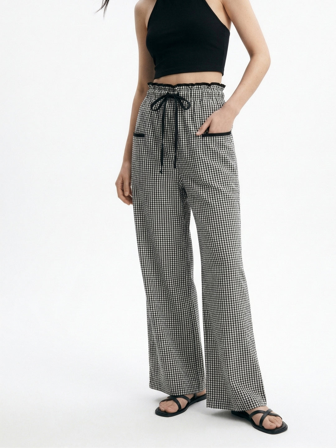 Black Contrast Waist Checkered Pant