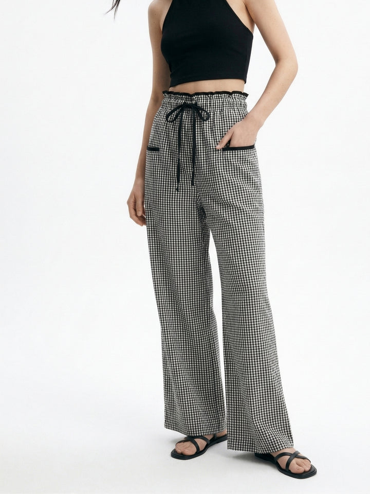 Black Contrast Waist Checkered Pant