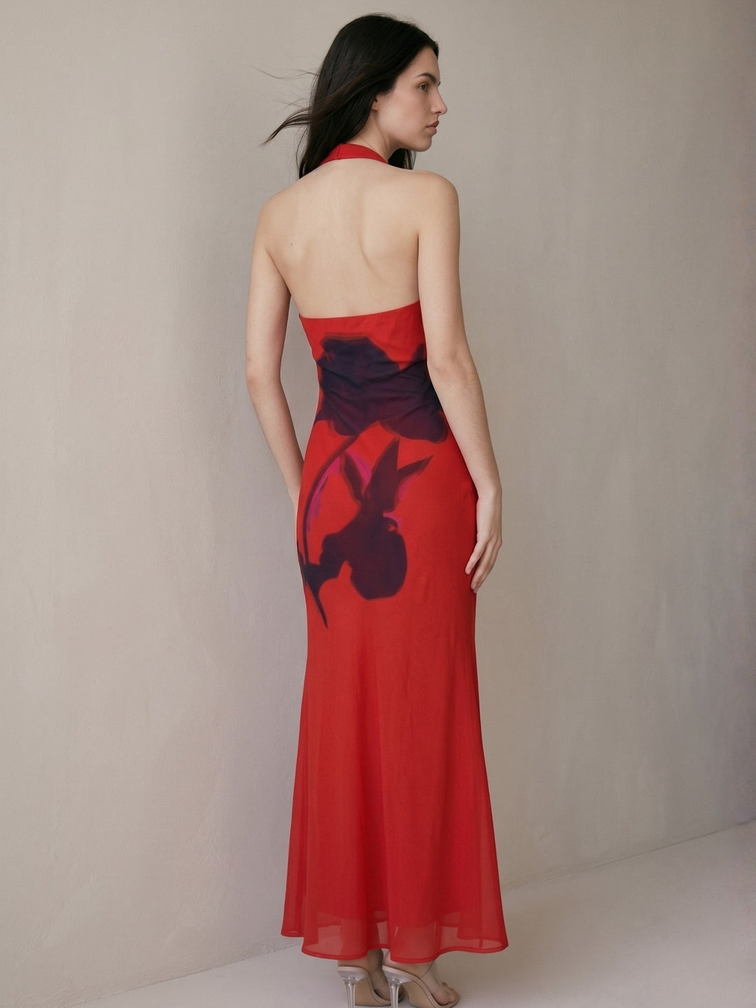 Red Halter Cowl Neck Printed Dress