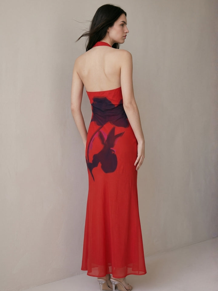 Red Halter Cowl Neck Printed Dress