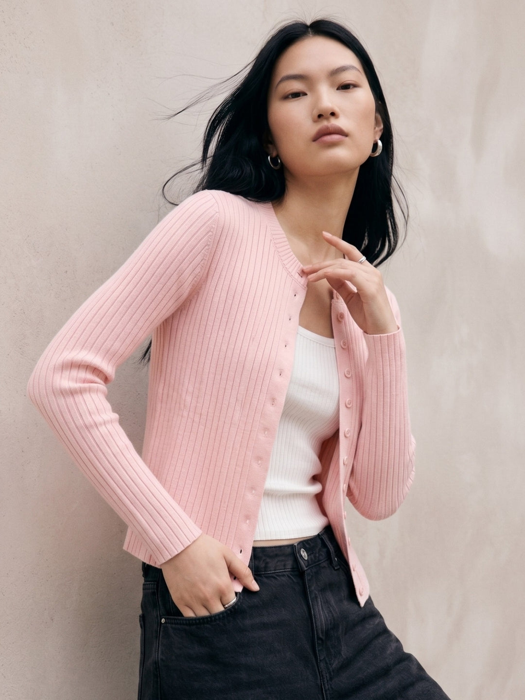 Pink Striped Textured Cardigan Styled 2Pcs Top
