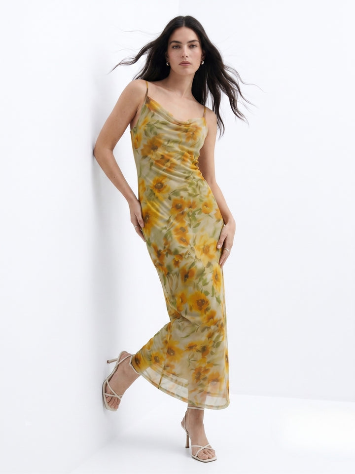 Mustard Blurry Floral Printed Dress