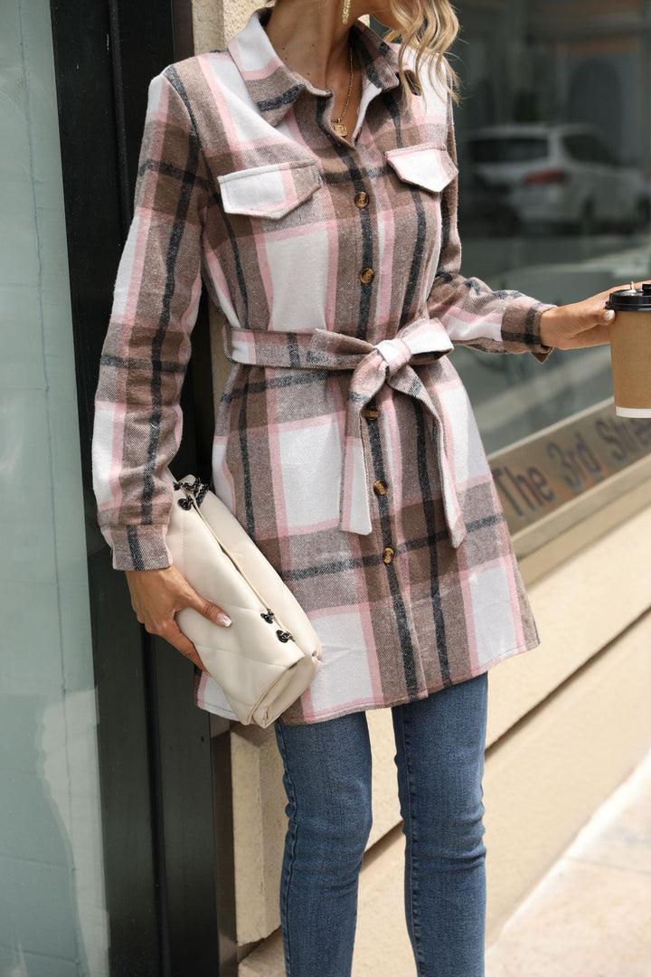 Pink Flannel Shirt Dress With Tie Up