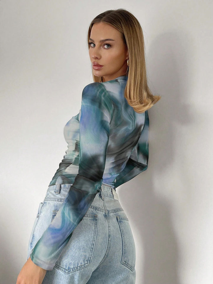 Blue Marble Print Full Sleeve Semi Sheer Top