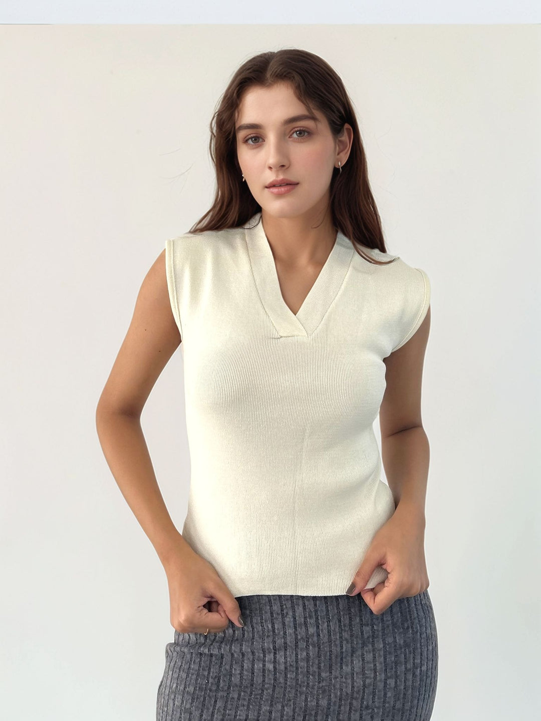 Off White V Neck Cap Sleeve Top