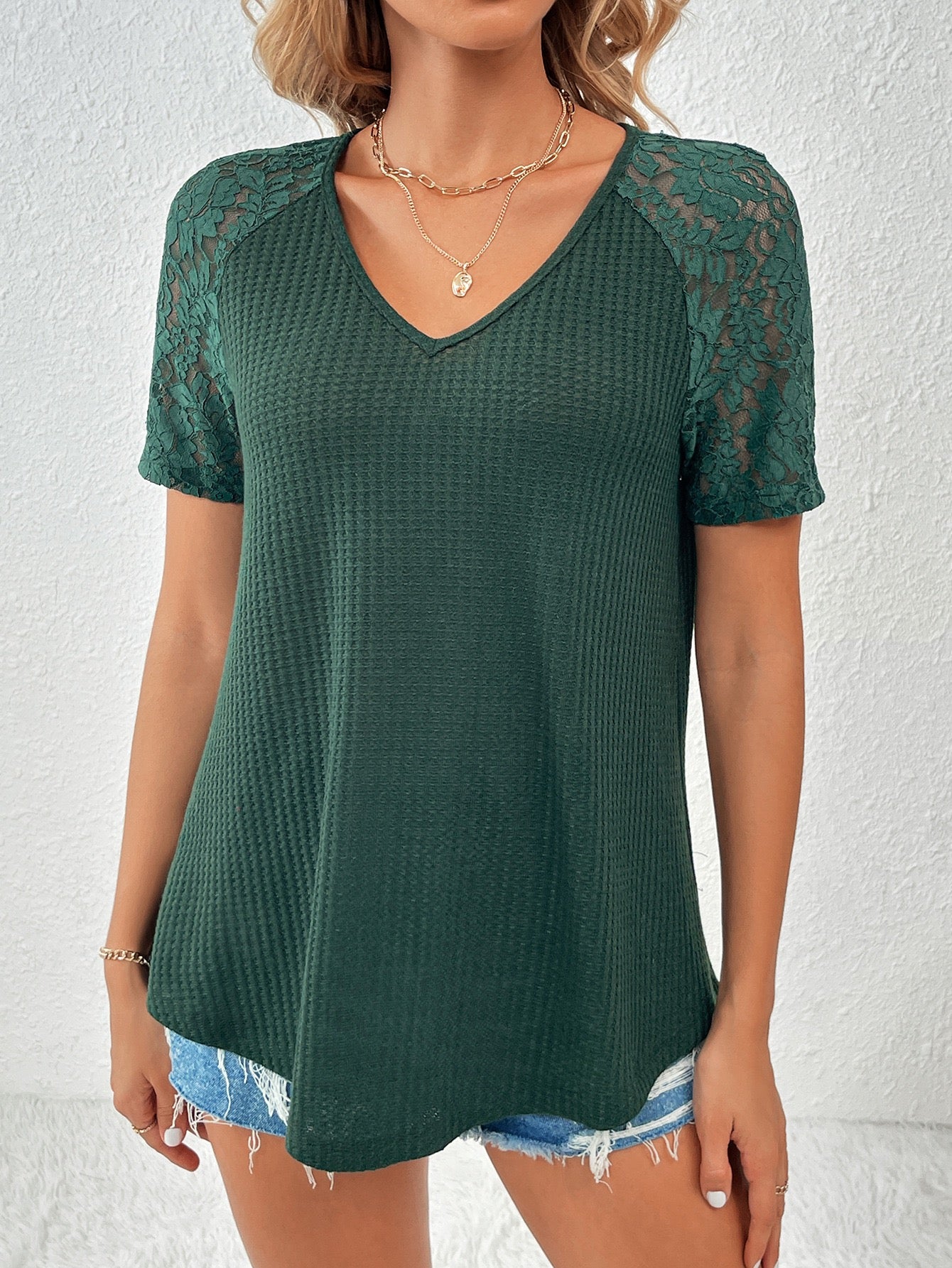 Dark-Green Laced Sleeve V-Neck Top