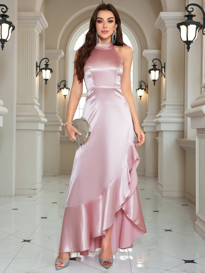 Pink Halter Neck Ruffle Hem Dress