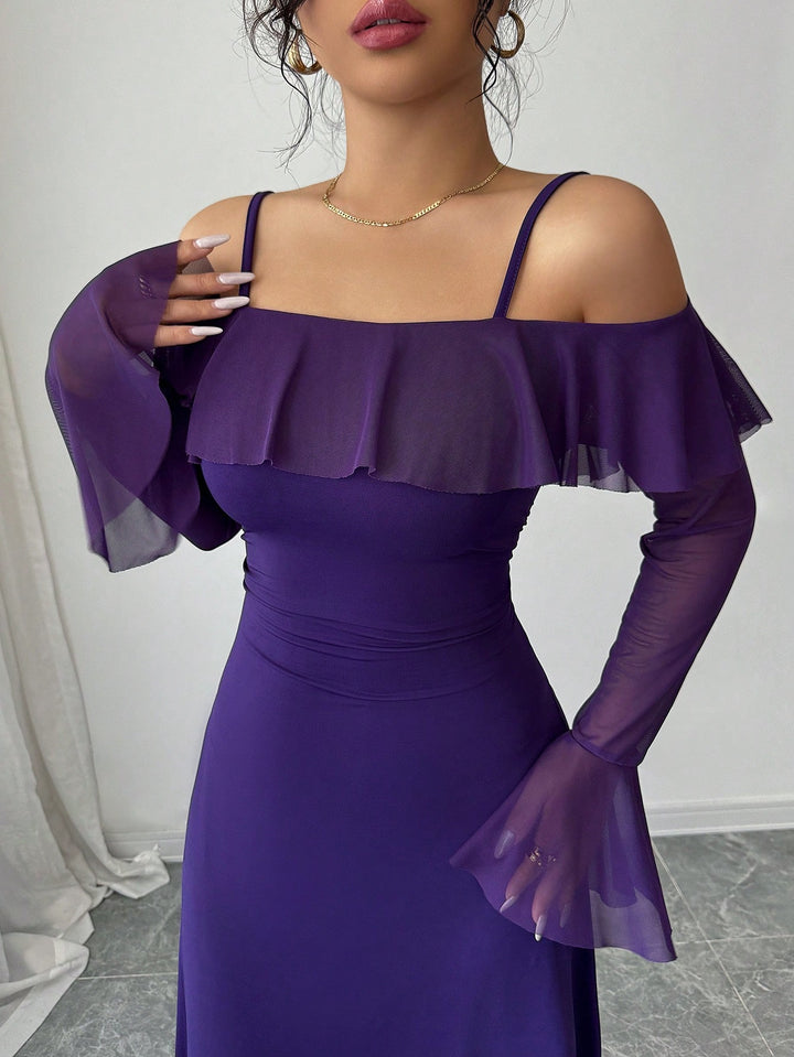 Purple Ruffle Detail Off Shoulder Dress