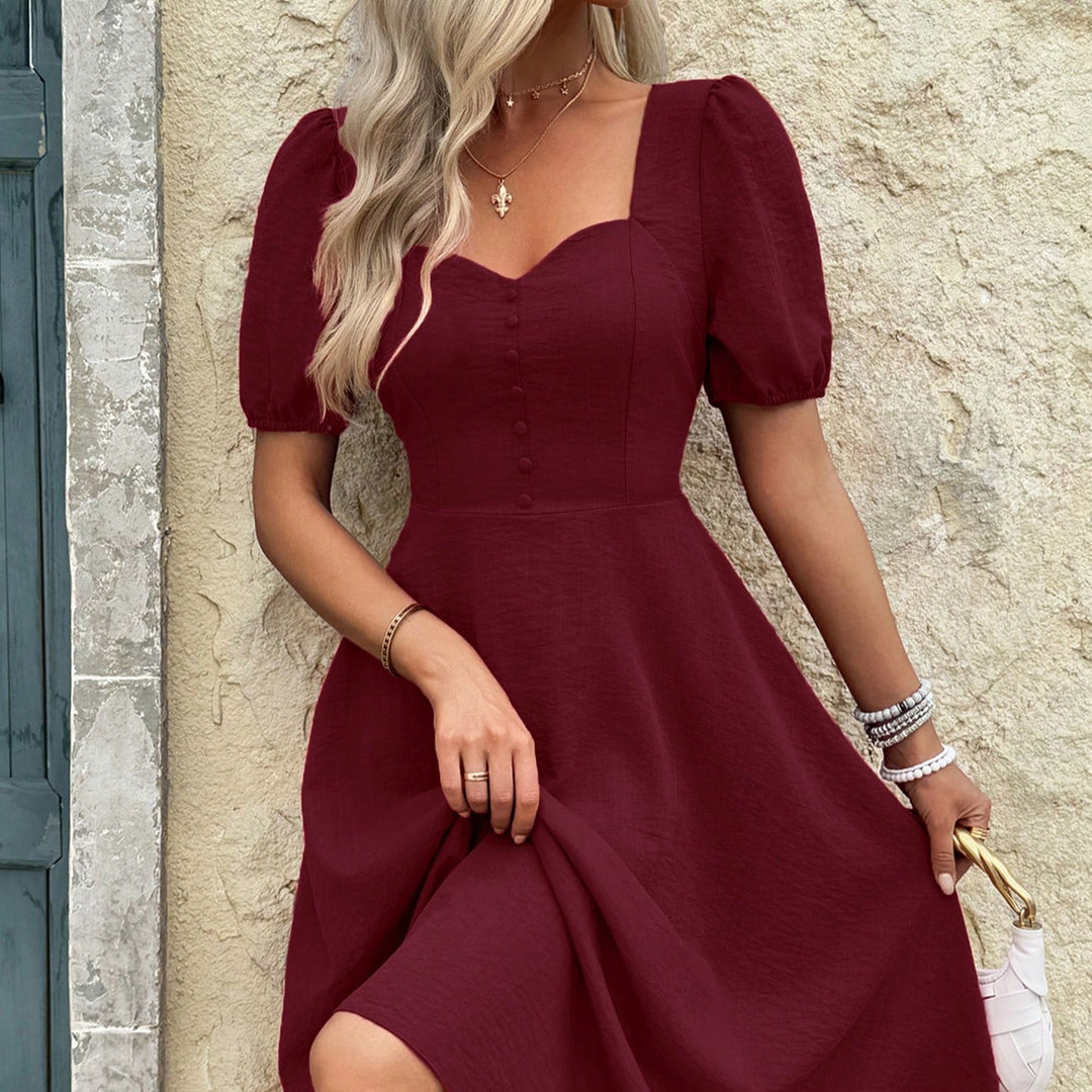 Burgundy Puff Sleeve Sweetheart Neck Dress