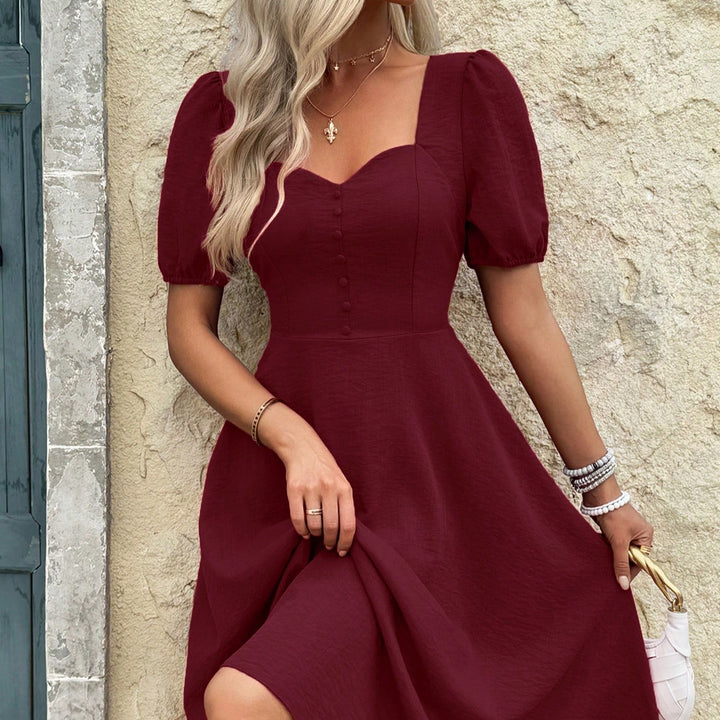 Burgundy Puff Sleeve Sweetheart Neck Dress