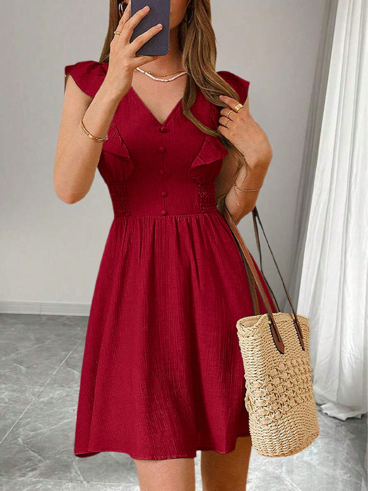 Red Ruffle Sleeve V-Neck Dress