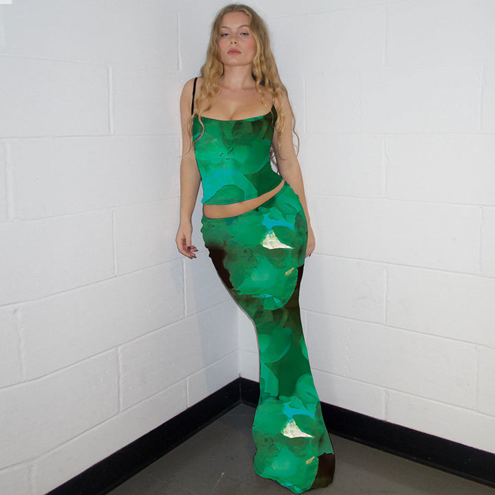 Green Spaghetti Strap Top With Fitted Skirt Co-Ord Set