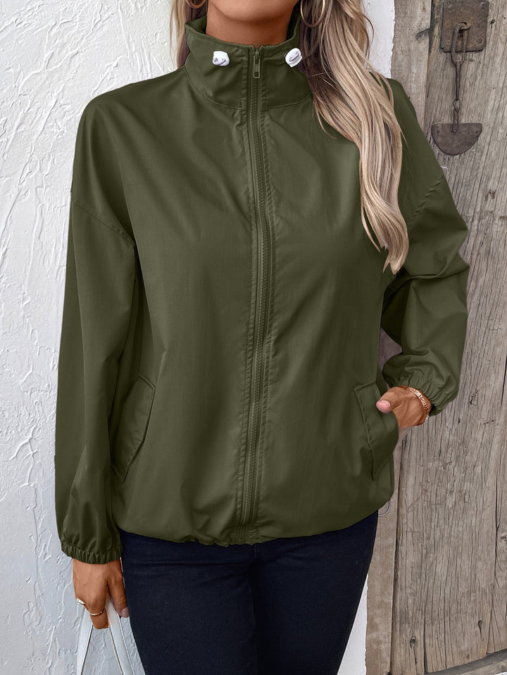 Green Collar Drawstring Waterproof Jacket