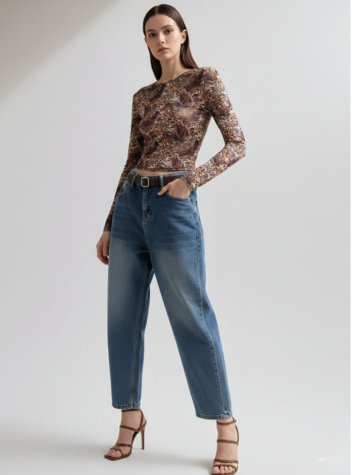 Brown Animal Printed Sheer Top