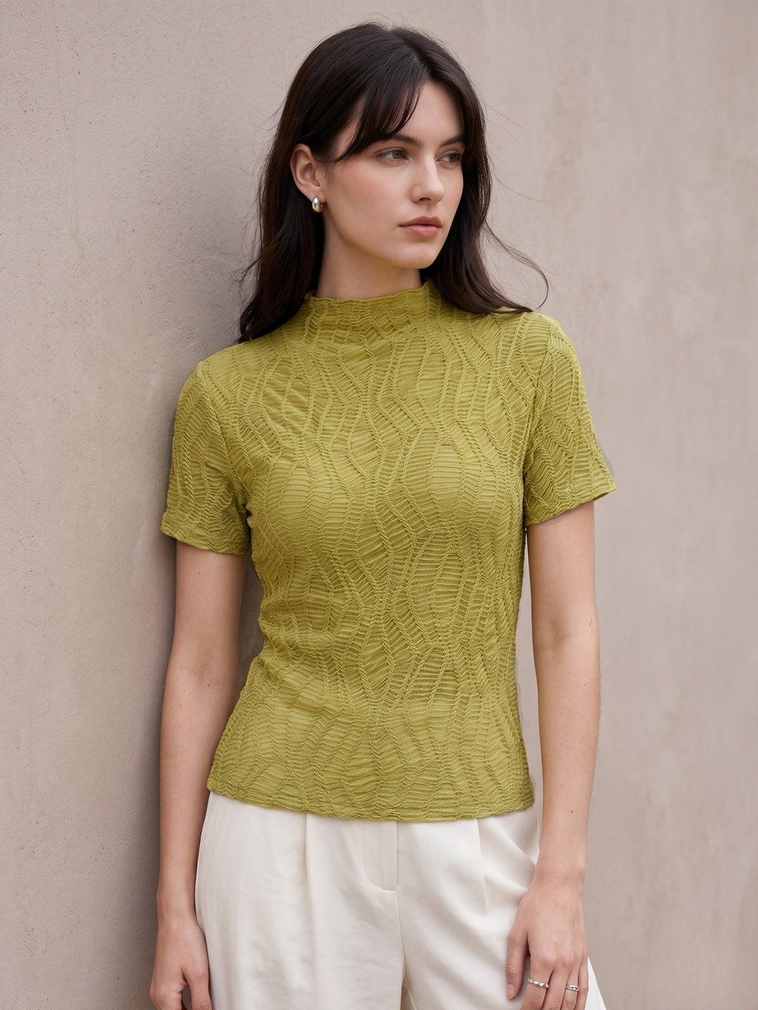 Green Textured High Neck Fitted Top