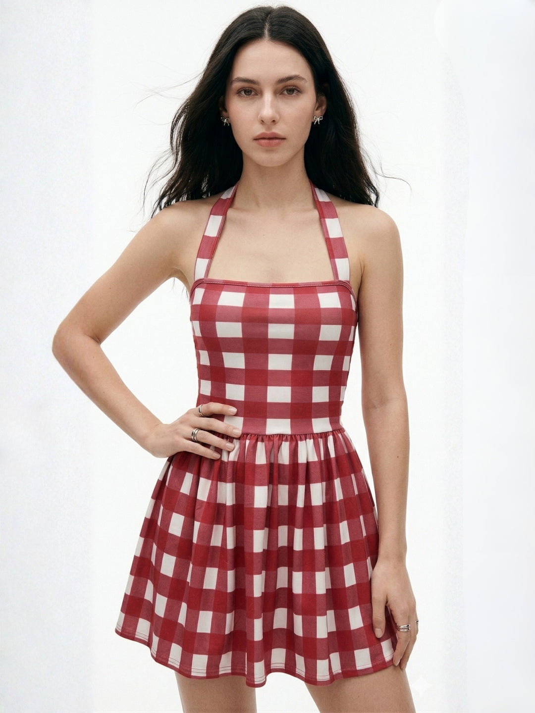 Red Vintage Check Halter Neck Skater Dress