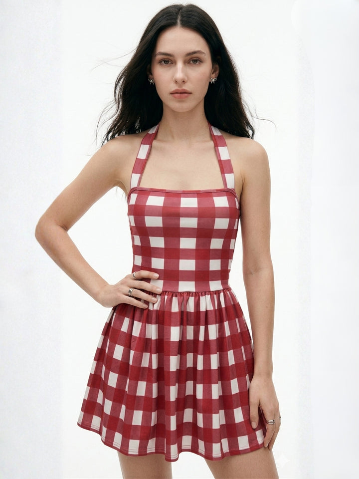 Red Vintage Check Halter Neck Skater Dress