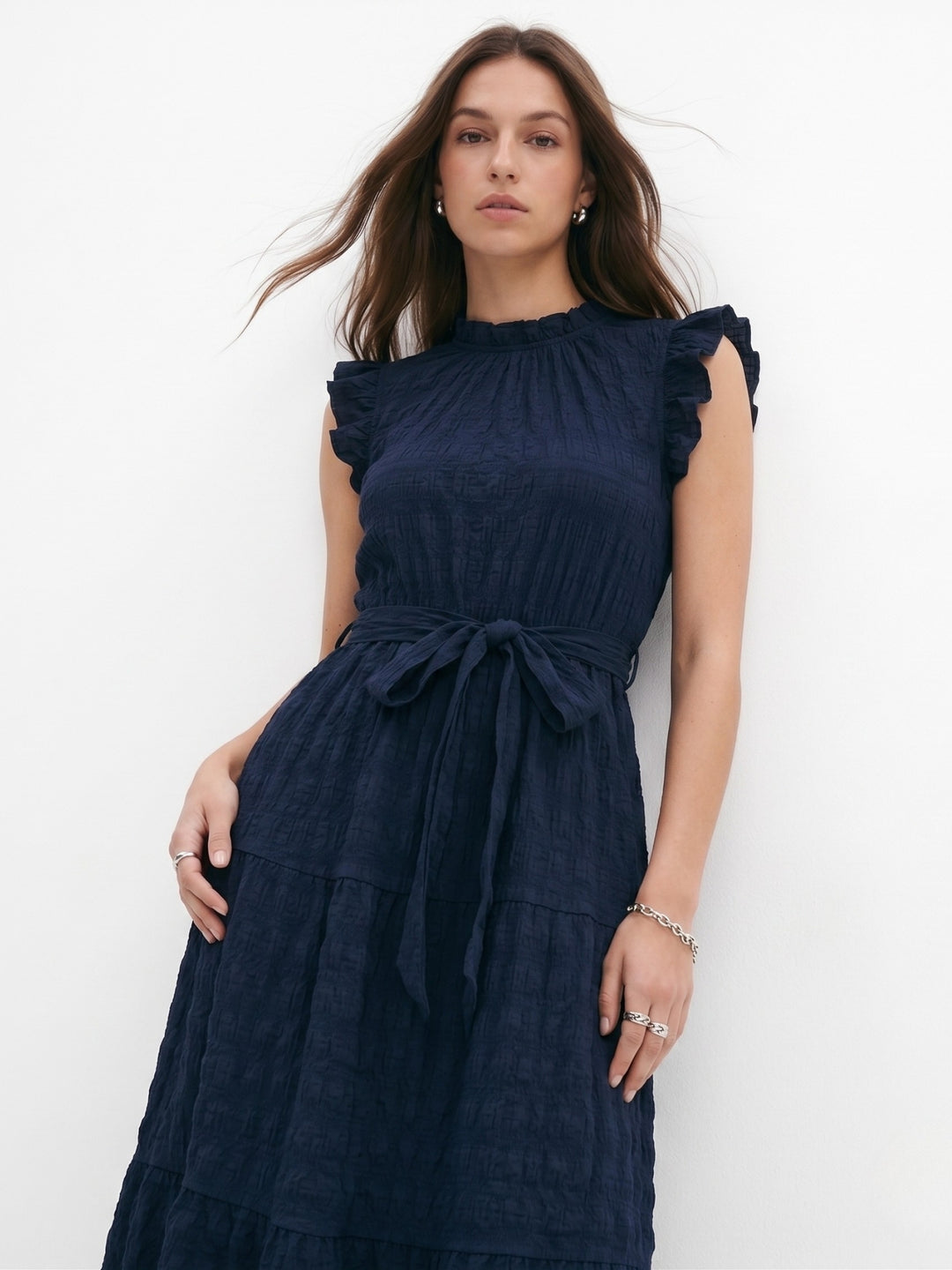 Navy Blue Short Ruffle Sleeve Mock Neck Dress