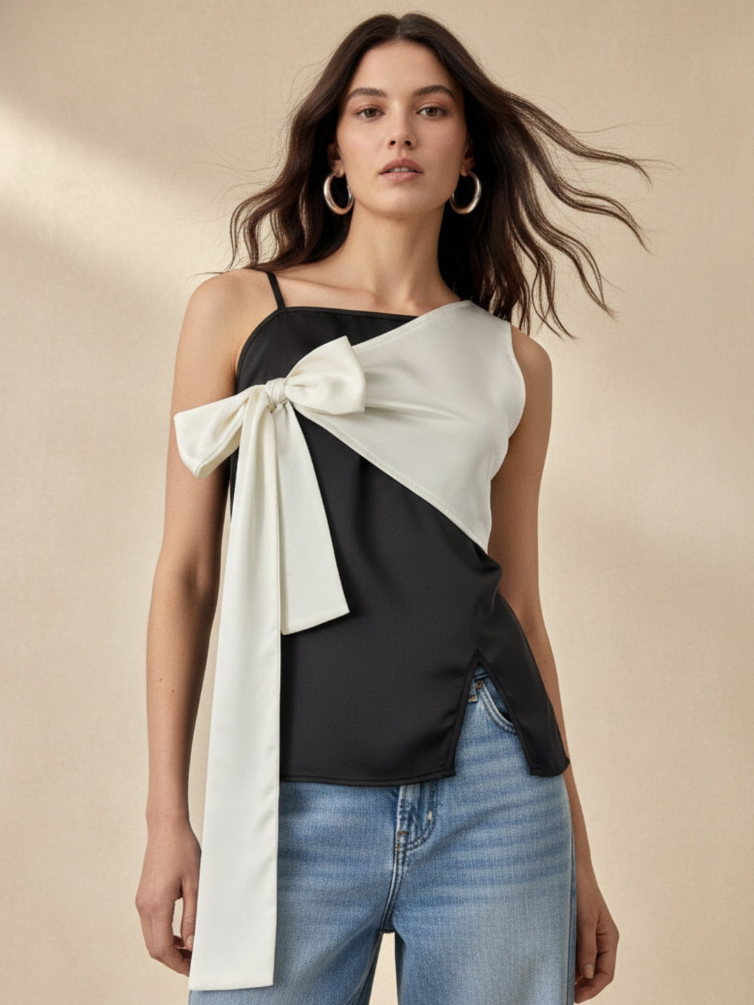 Black Fitted Top With Contrast Tie Up Bow Detail