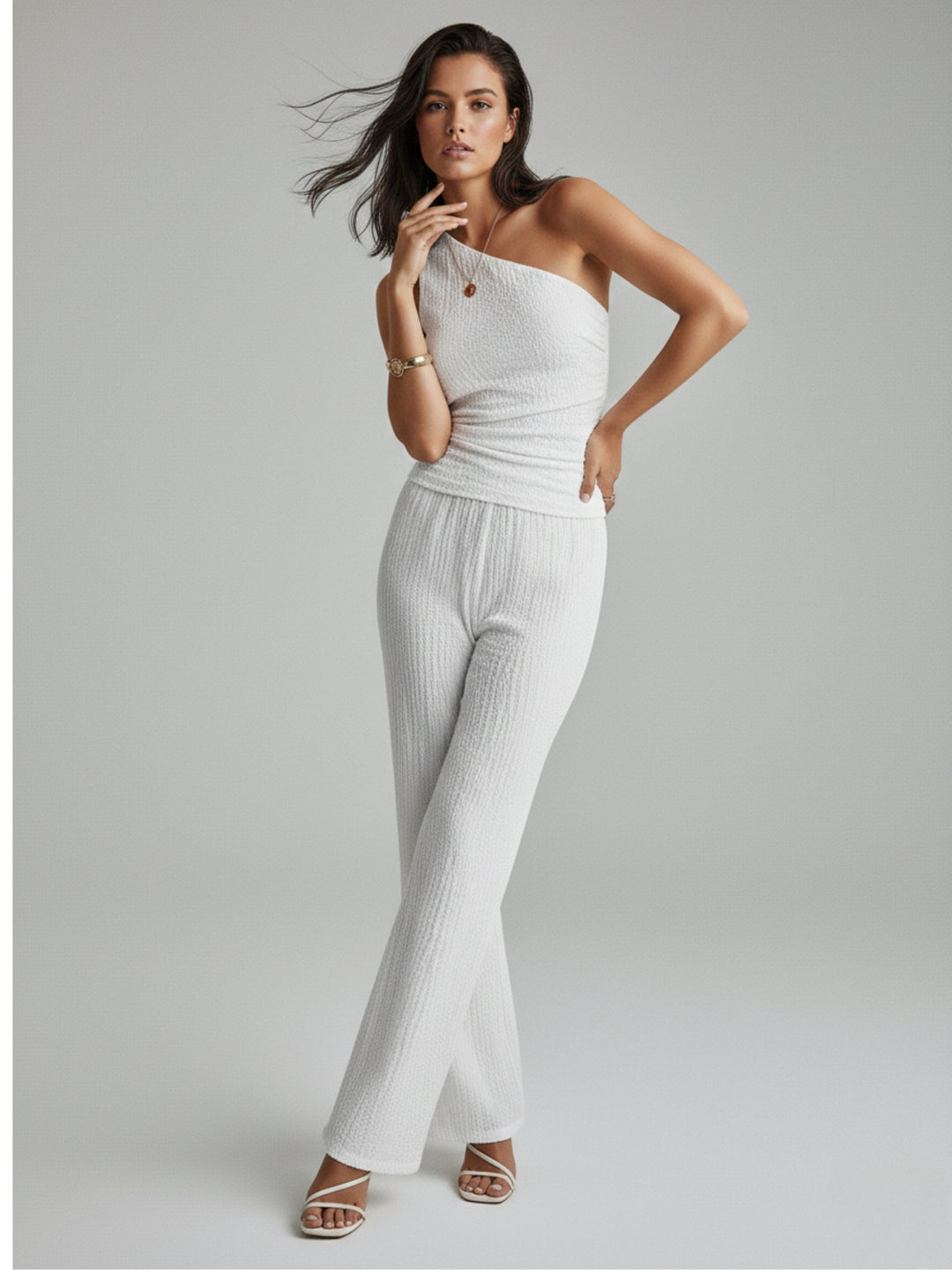 White One Shoulder Top And Pant Co-Ord Set
