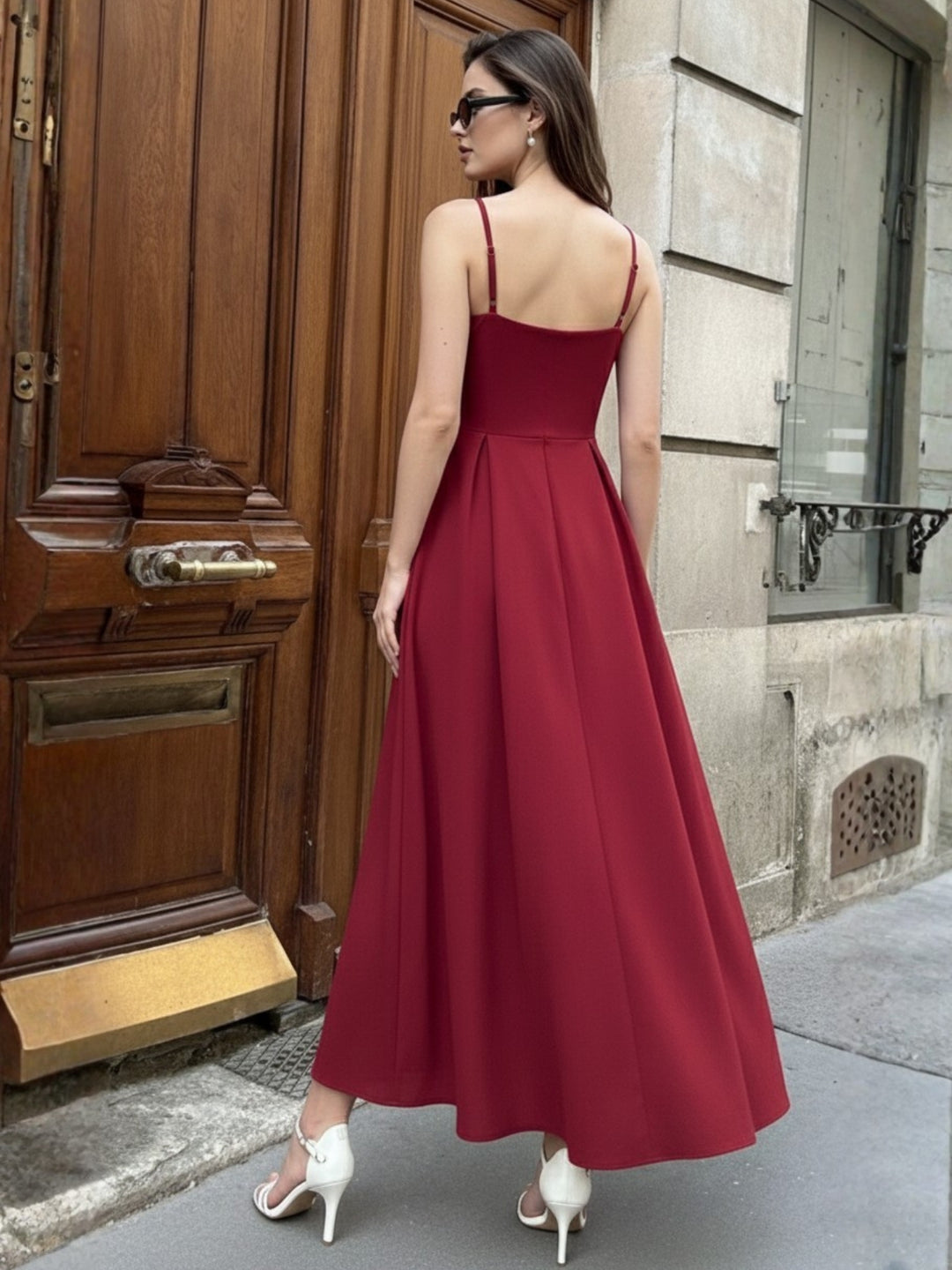 Burgundy Strappy Cinched Waist Solid Flowy Maxi