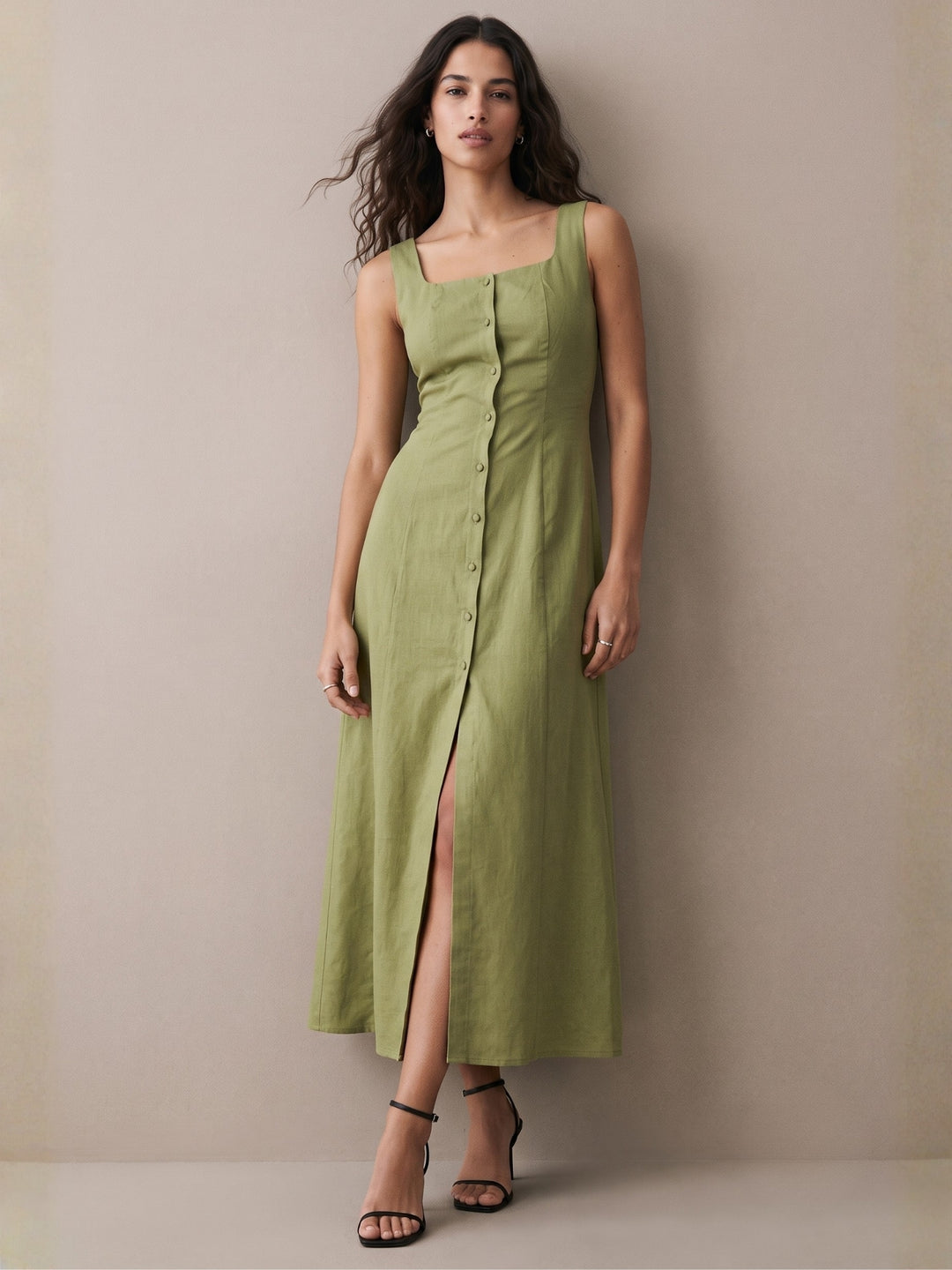 Olive Square Neck Button Down Dress