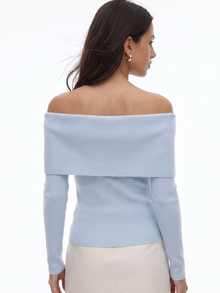 Blue Full Sleeve Off Shoulder Fitted Top