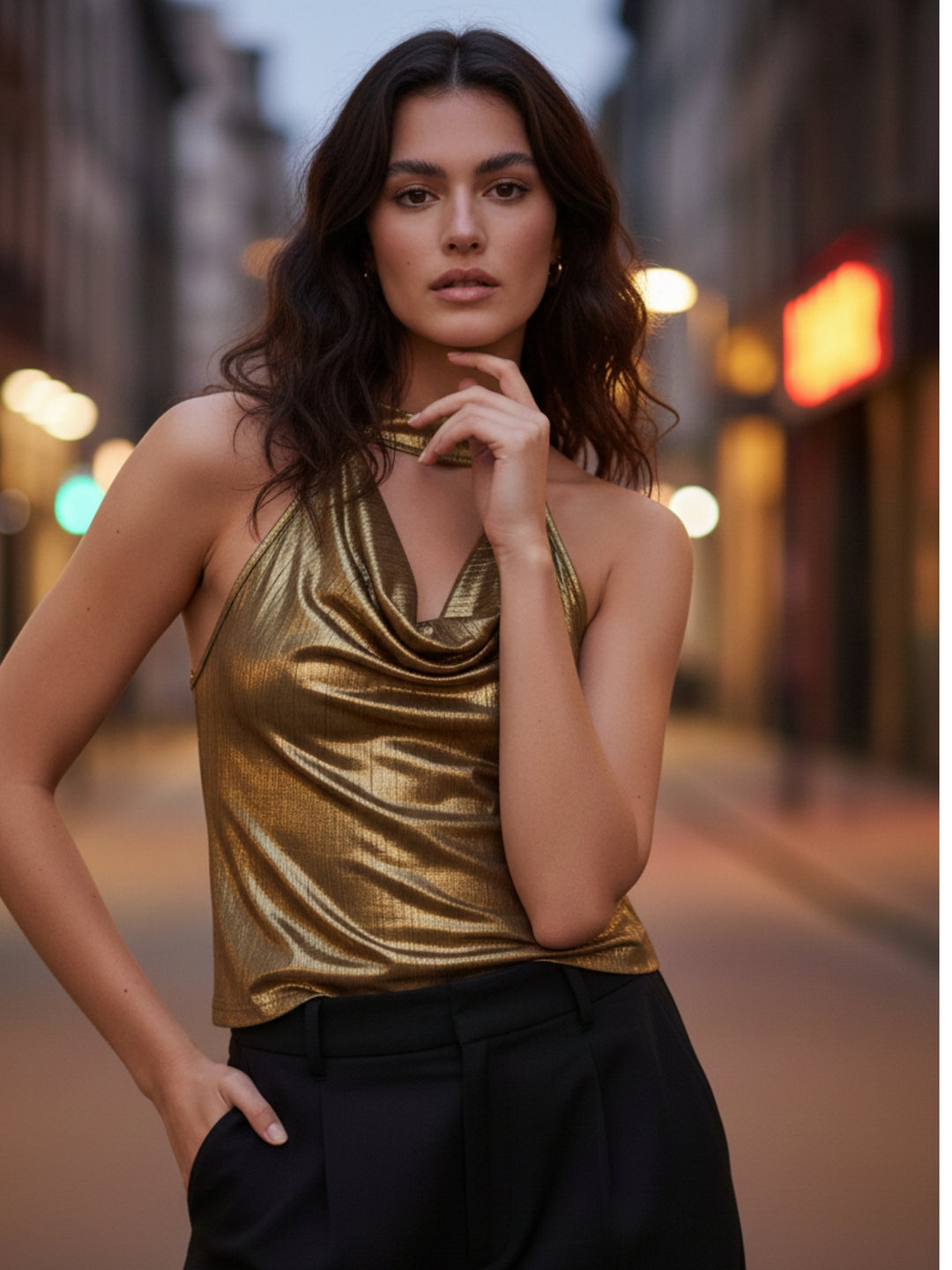 Gold Halter Neck Neck Detail Top
