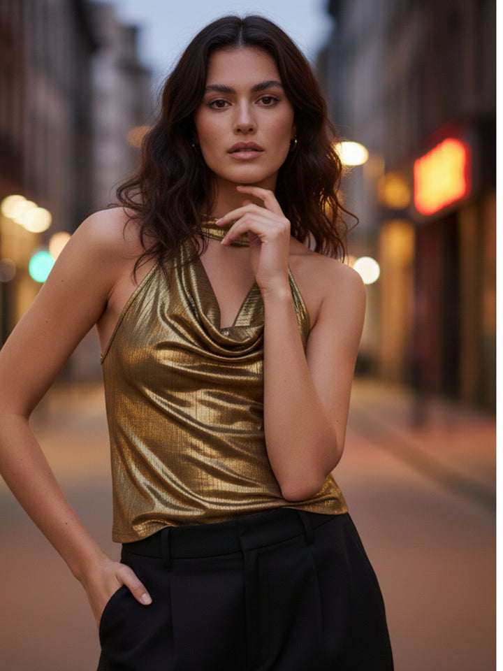 Gold Halter Neck Neck Detail Top