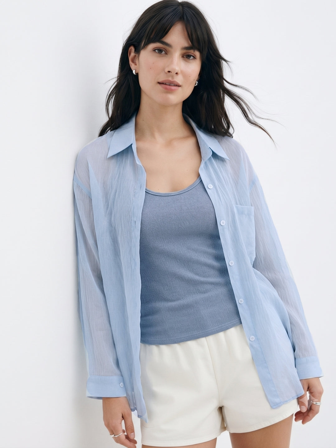 Light Blue Full Sleeve 2Piece Semi Sheer Shirt With Top