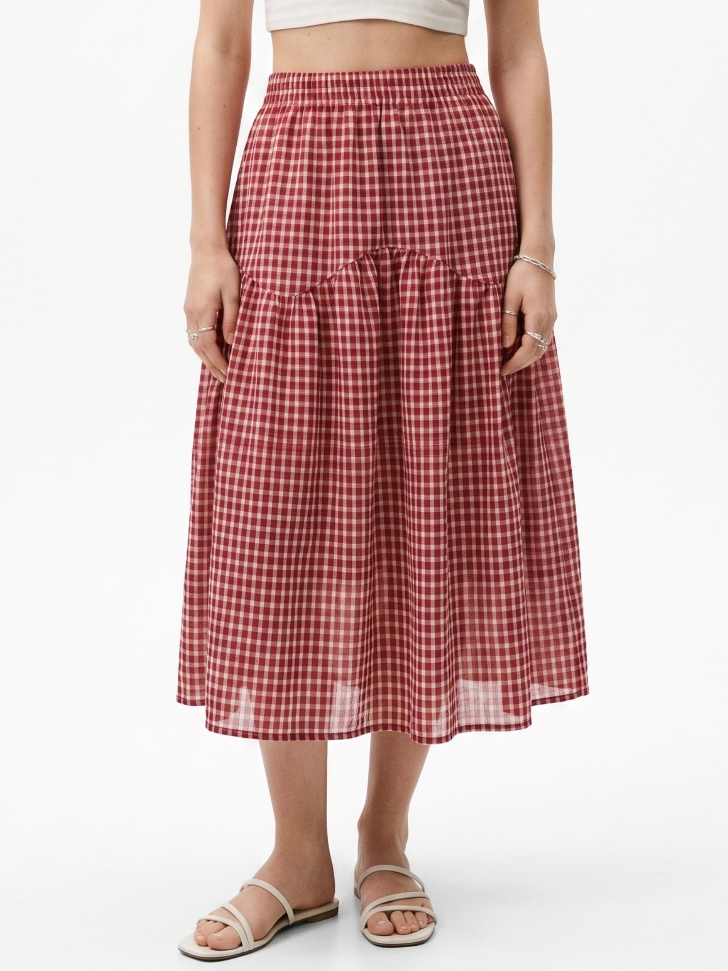 Red High Waist Checkered Skirt