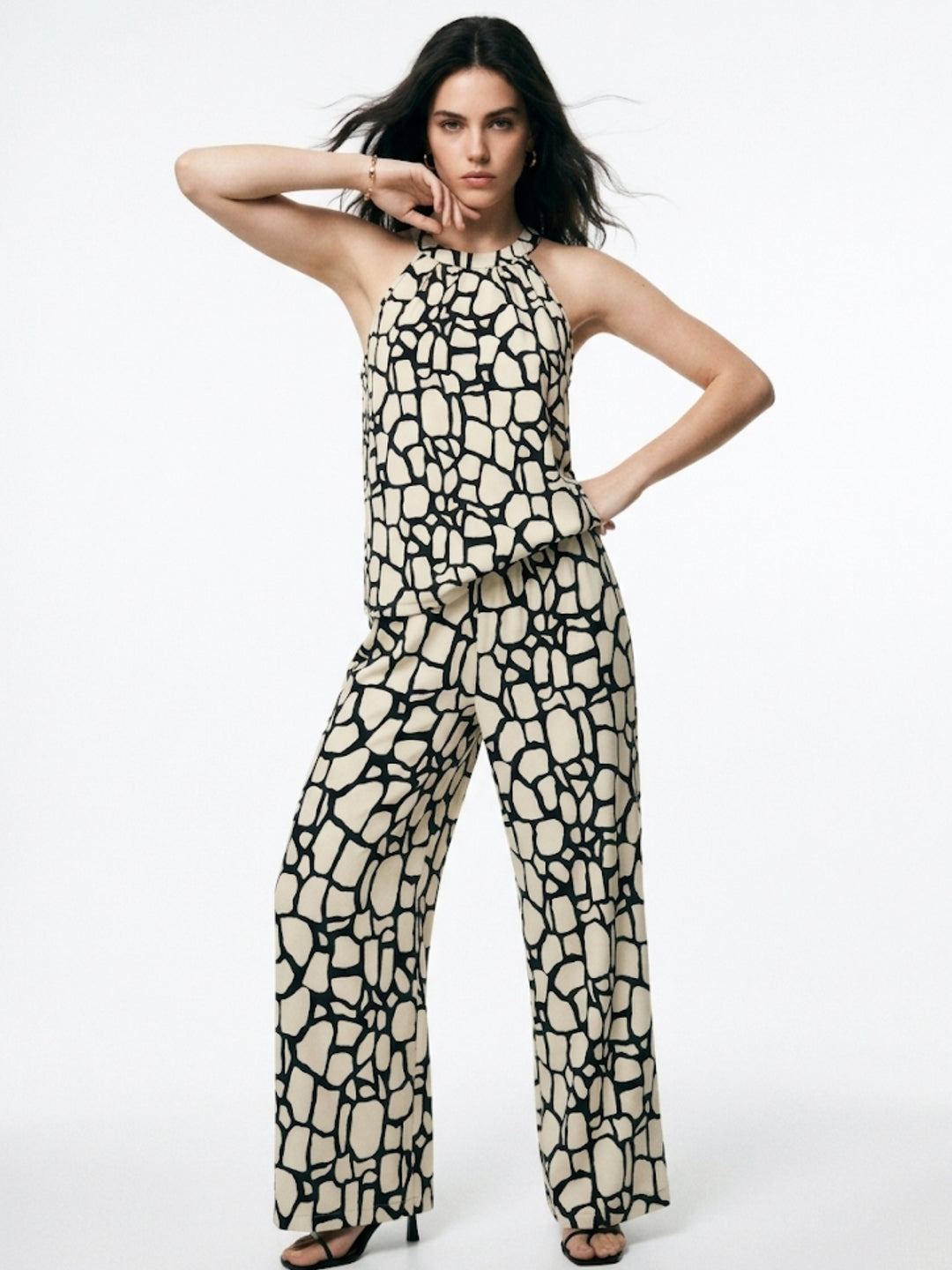 White Abstract Patterned Halter Top And Trousers Co-Ord Set
