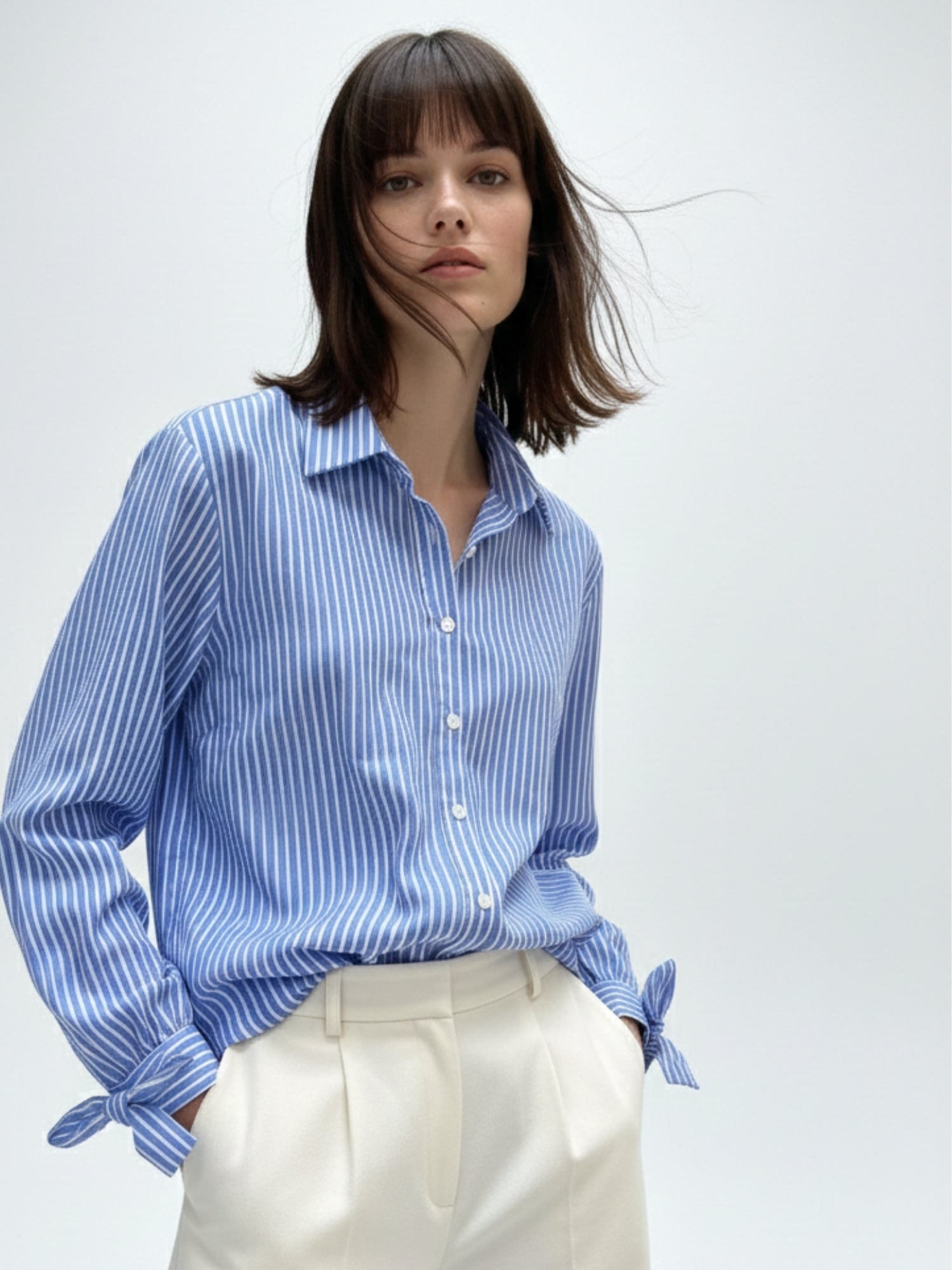 Blue Button Down Shirt With Bow Detailed Cuffs