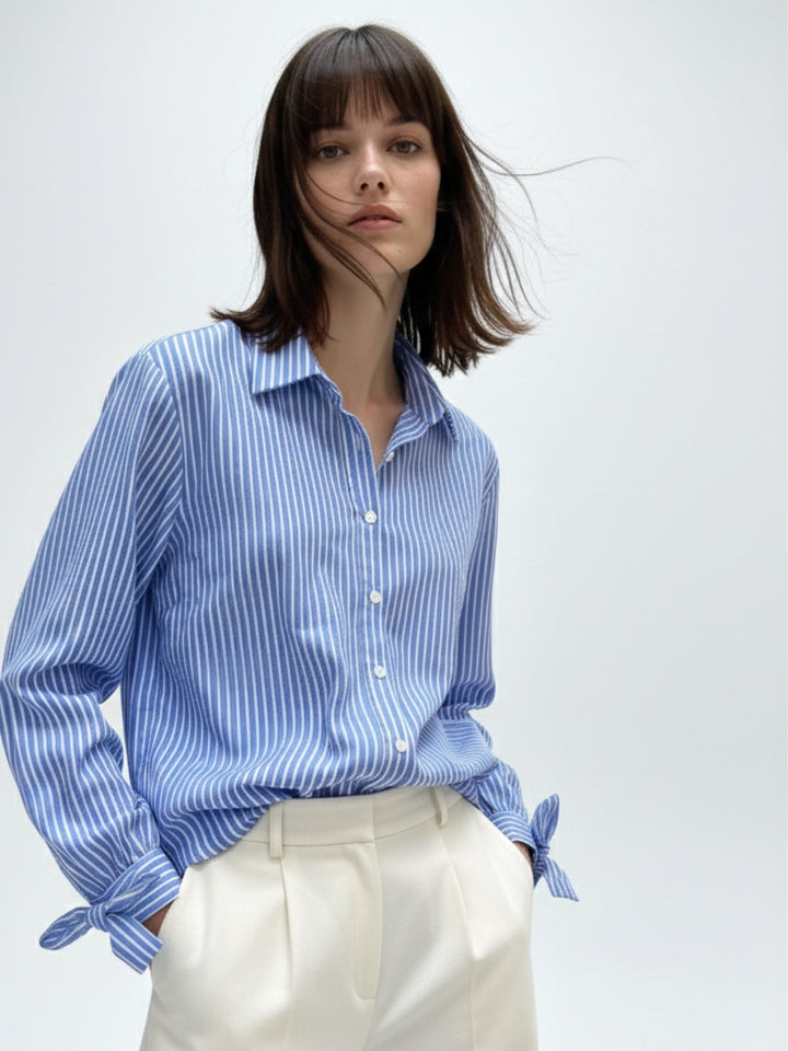 Blue Button Down Shirt With Bow Detailed Cuffs
