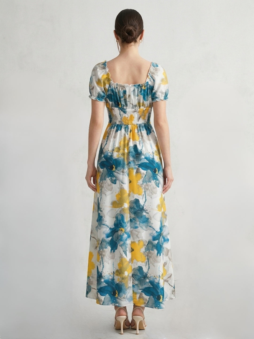 Multi Short Sleeve Waist Fitted Floral Dress