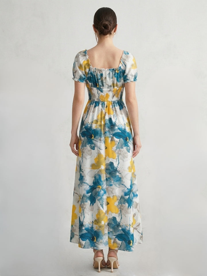 Multi Short Sleeve Waist Fitted Floral Dress
