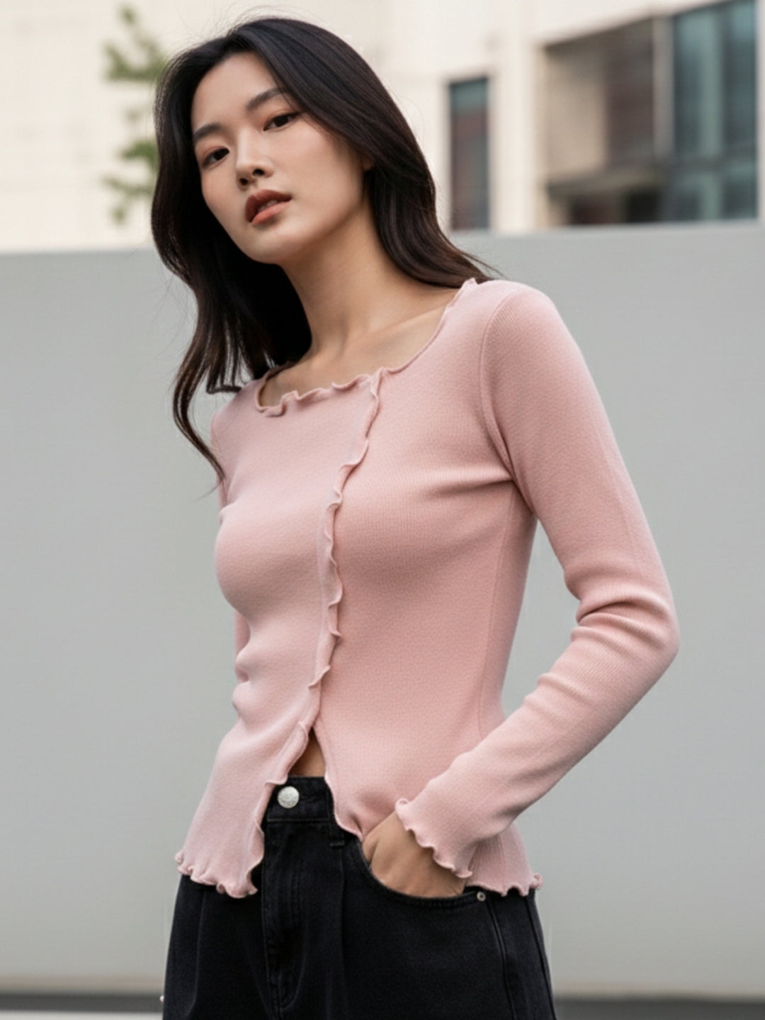 Pink Full Sleeve Wavy Hem Top