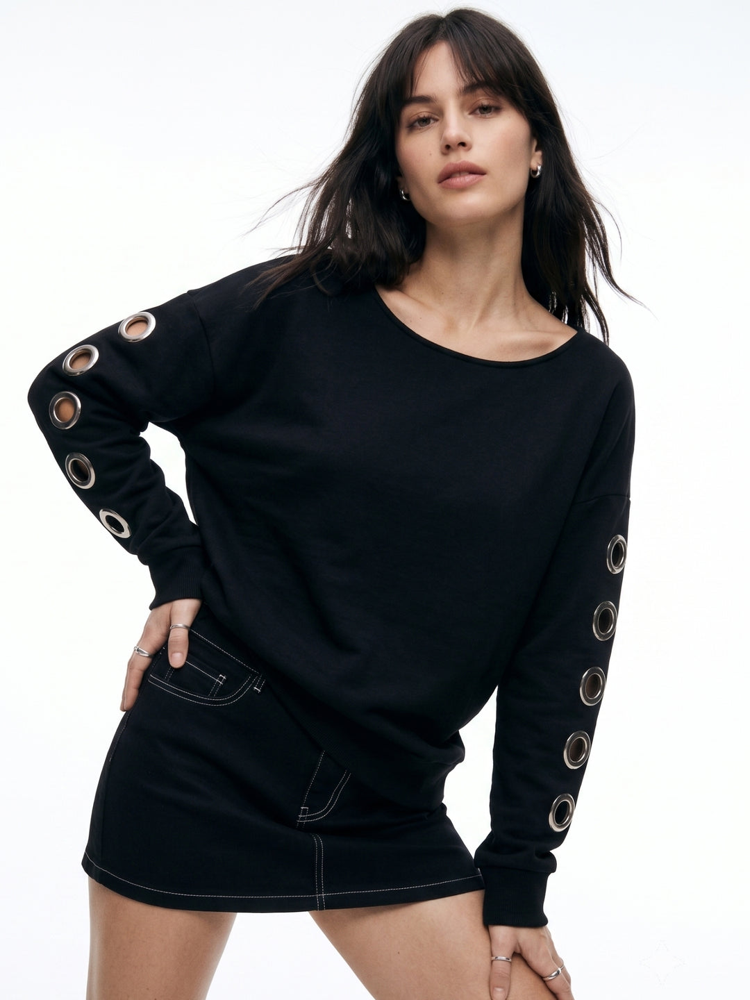Black Sweatshirt With Metal Eyelets On The Sleeves